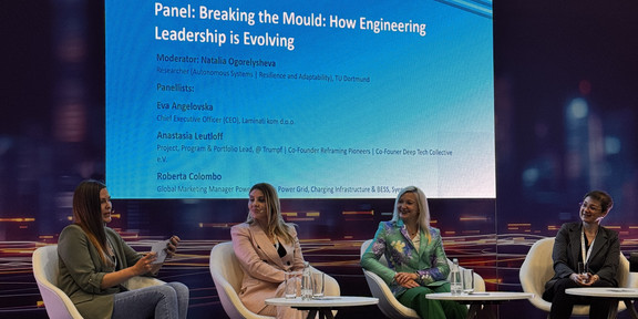 Moderator Natalia Ogorelysheva (TU Dortmund University) with speakers Eva Angelovska (Laminati Kom), Anastasia Leutloff, MBA (TRUMPF), Roberta Colombo (Syensqo Specialty Polymers) on stage at CWIEME Berlin 2026