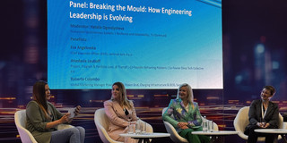 Moderator Natalia Ogorelysheva (TU Dortmund University) with speakers Eva Angelovska (Laminati Kom), Anastasia Leutloff, MBA (TRUMPF), Roberta Colombo (Syensqo Specialty Polymers) on stage at CWIEME Berlin 2026